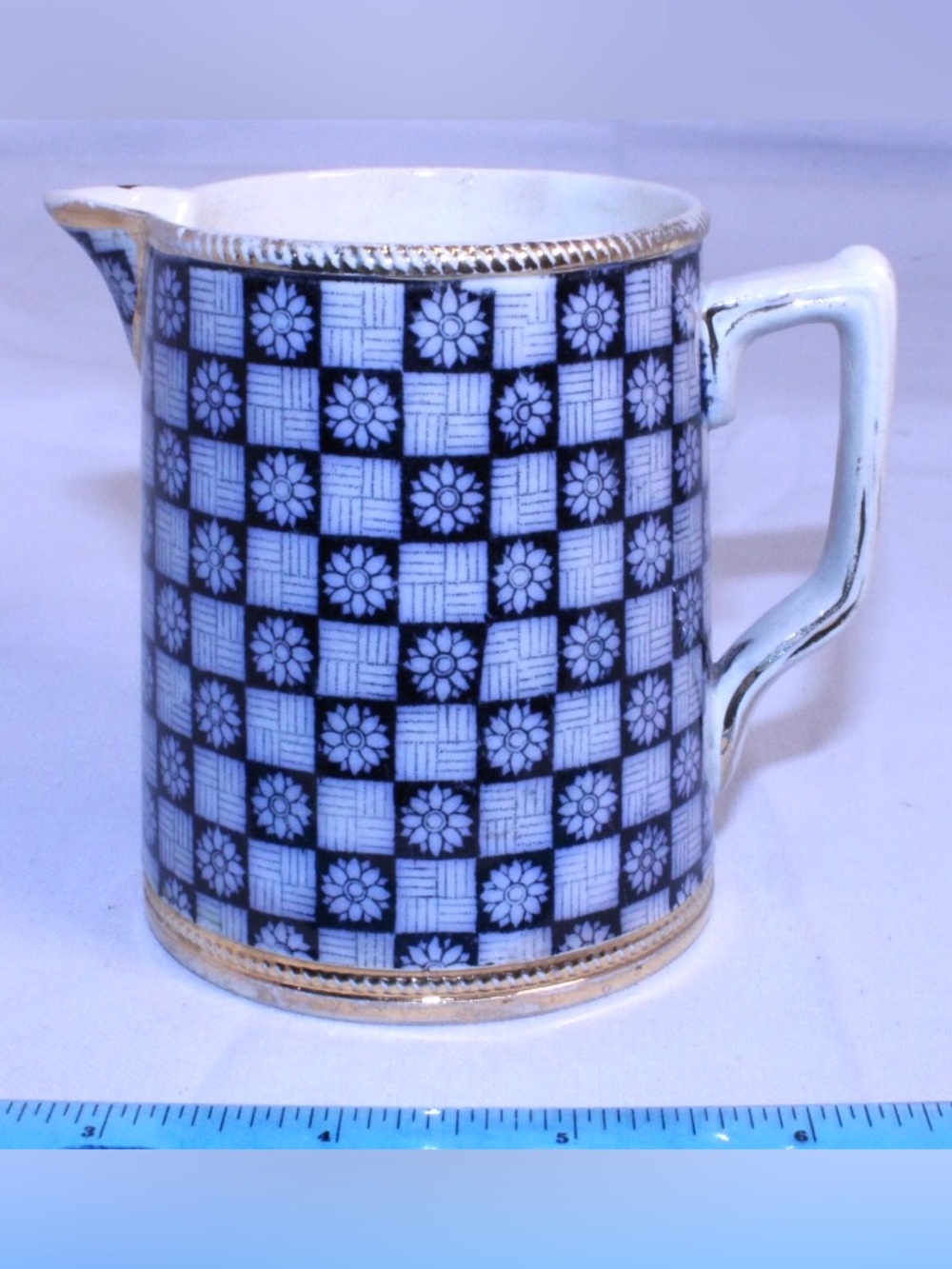 Antique Ceramic Earthenware Blue - White Checkerboard Pattern Creamer Gold Trim